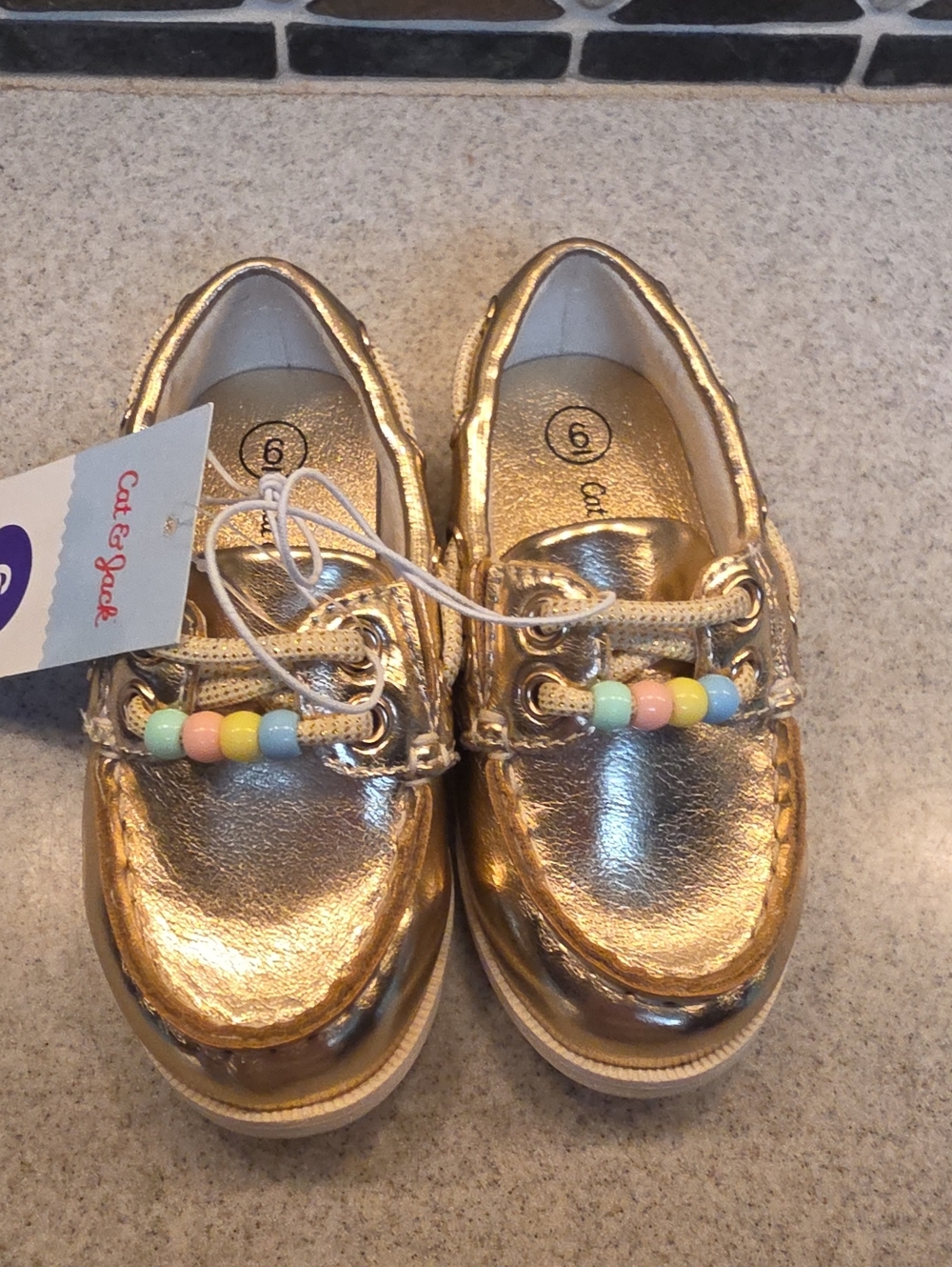 Cat & Jack Metallic Gold Girls' Moccasin Boat Shoes with Pastel Beads